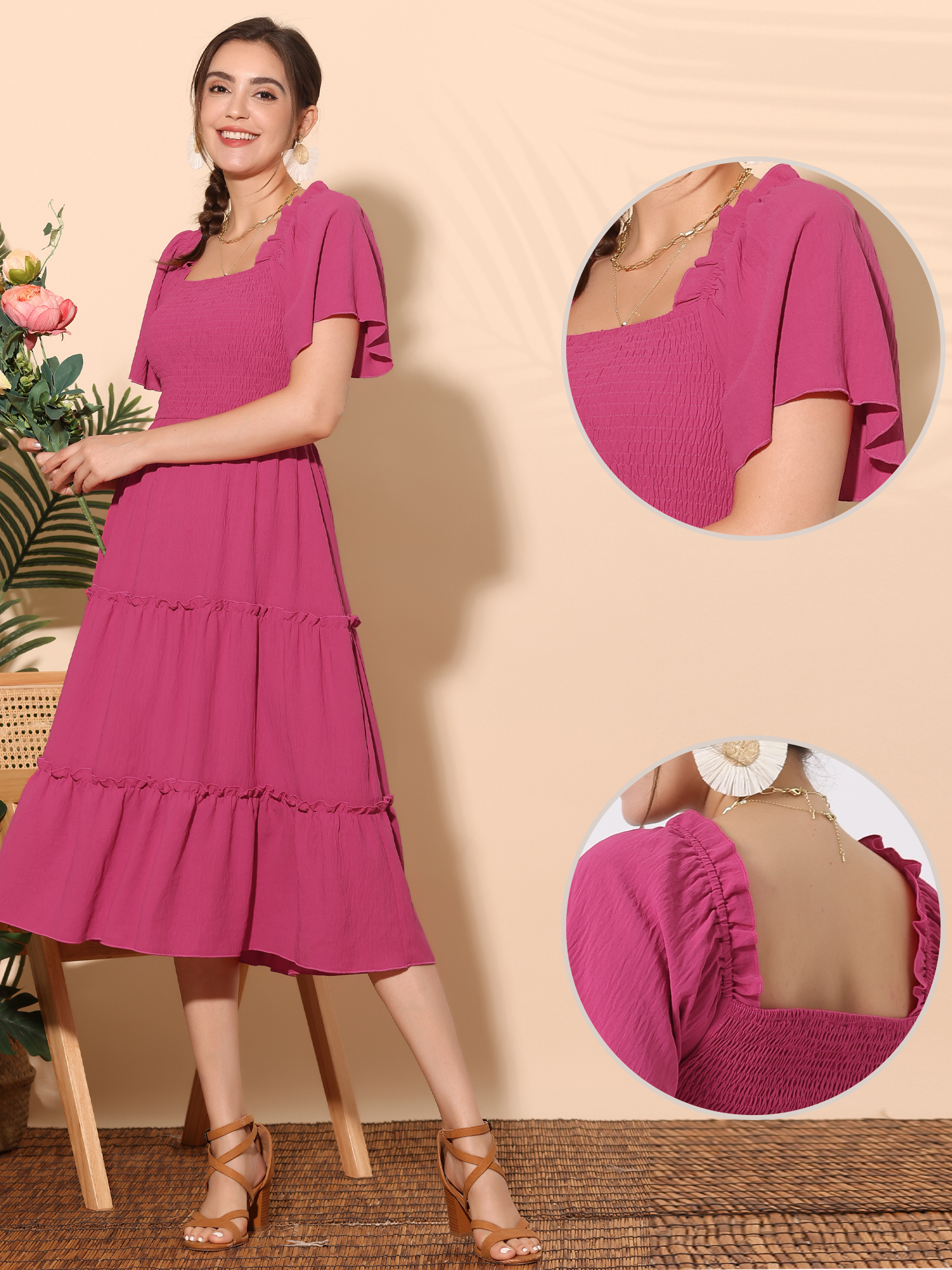 DARING DIVA Square Neck Short Sleeve Flowy Smocked Dress XL Hot Pink