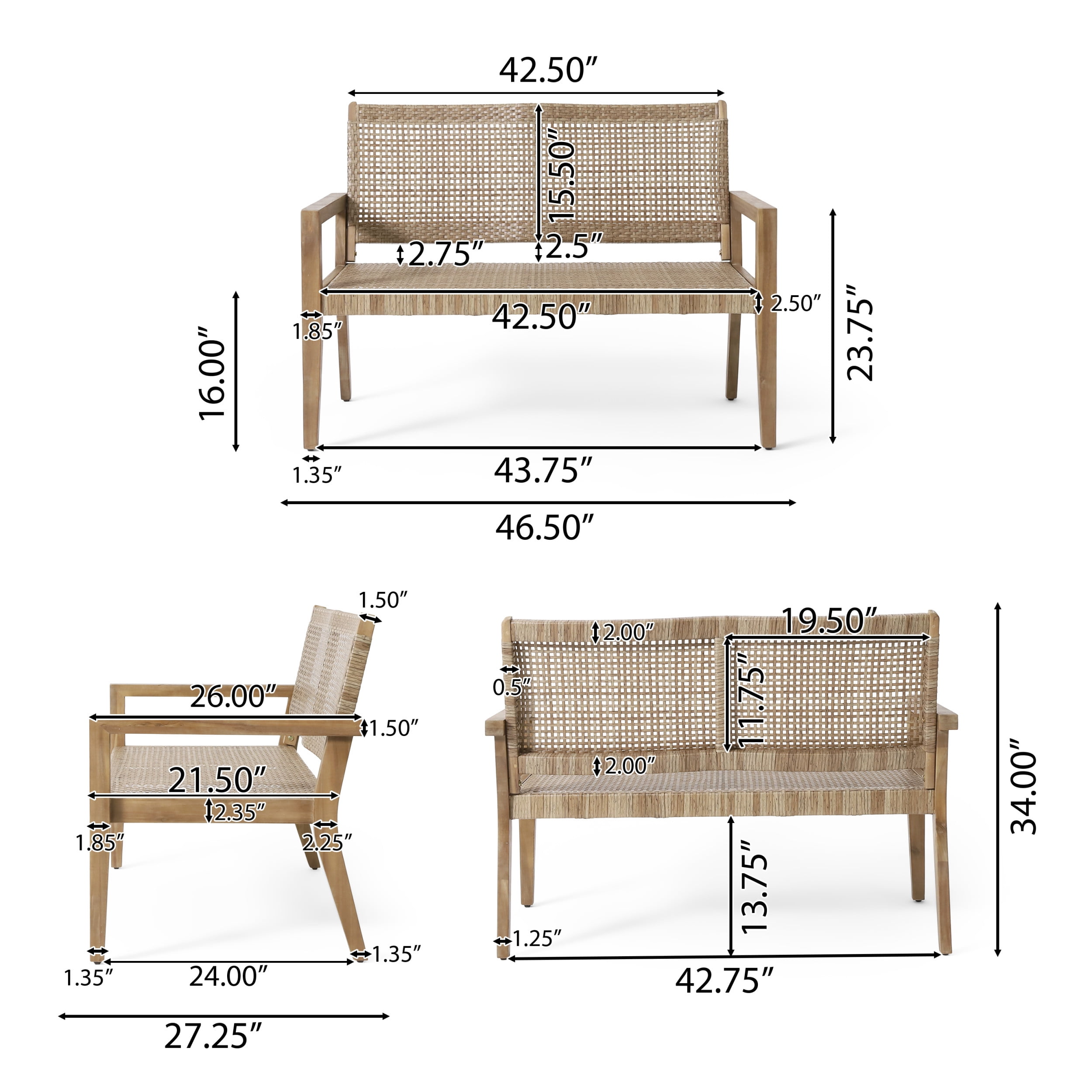 Coloma Wicker and Acacia Wood Outdoor Loveseat, Light Multibrown and Light Brown