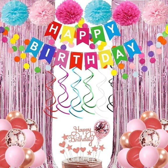 Rose Gold Birthday Party Decorations for Women with Happy Birthday Banner,Curtains, ,Confetti Balloons,Circle Dots Garland,Tissue Pompoms,Birthday for Girls Women Party Supplies