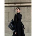thumbnail image 2 of Vestido de punto negro de alto grado para mujer, temperamento de estilo francés, cuello alto gris, otoño e invierno, nuevo, 2 of 5