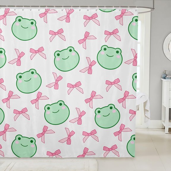 Pink Bowknot Shower Curtains,Cartoon Frog Bow Tie Butterfly Knot Princess Bathroom Curtains for Girls Women,Geometric Patchwork Cute Sweet Waterproof Curtains,12 Hooks Suits,72" W x 84" L