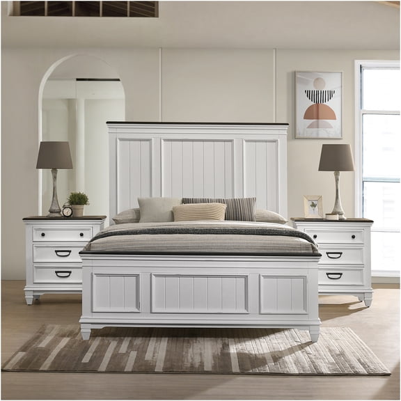 JERFIT 3-Piece Queen Bedroom Set with Nightstands, Modern Farmhouse Wood Bed Frame in Antique White and Gray Finish