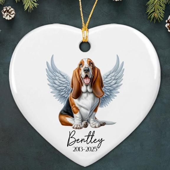 Personalized Basset Hound Angel Wings Ceramic Ornament Gift, Basset Hound Forever Loved Ornament Christmas Ornament 2025, Custom Name Year Basset Hound Ceramic Ornament Gift for Remembrance Memorial