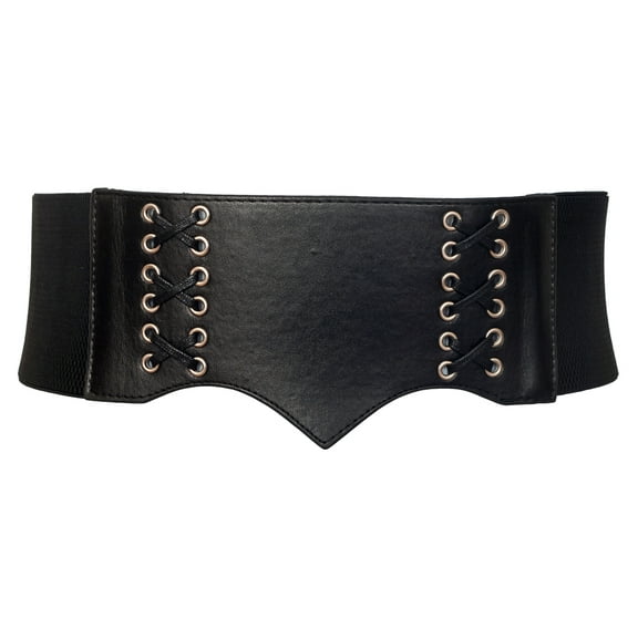 eVogues Women's Faux Leather Lace Up Detail Wide Elastic Belt Black