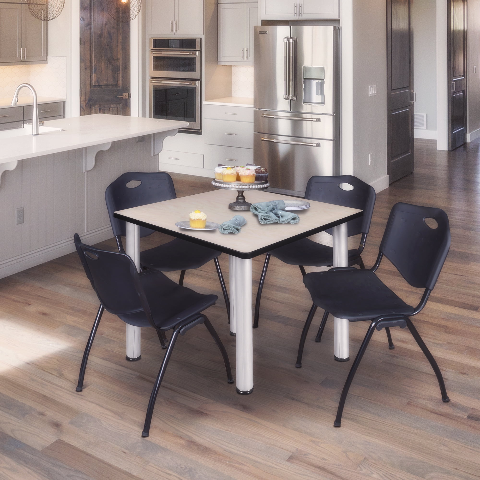 Regency Kee 48 in Square Breakroom Table- Maple Top, Chrome Legs, 4 M Stack Chairs- Black