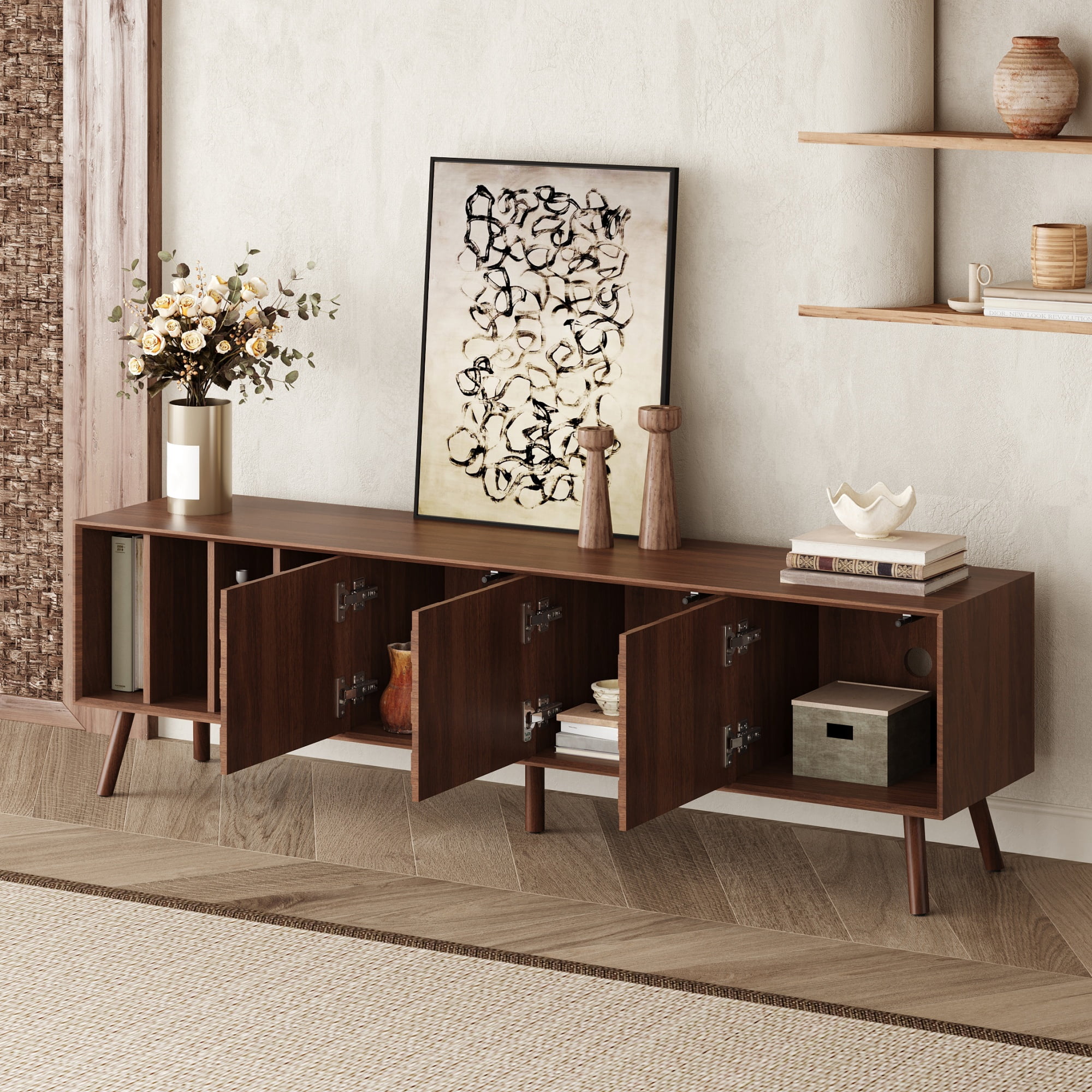 TV Stand for TVs up to 75 Inch, Mid-Century Modern Entertainment Center with 3 Cabinets & 4 Open Shelves, Media Console for Living Room