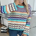 thumbnail image 4 of Qetyuw Womens Colorful Striped Sweater Crochet Knitted Long Sleeve Pullover Jumpers Crew Neck Loose Fit Sweaters, 4 of 7