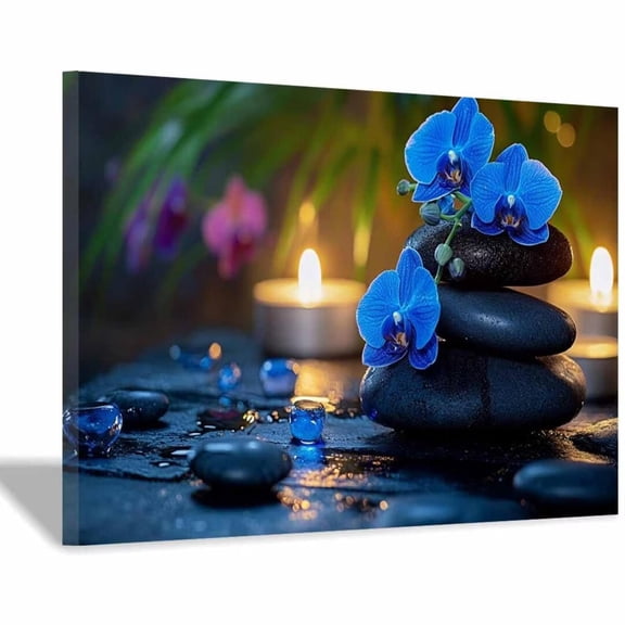 Mudket Blue Orchid with Zen Stones and Candles Canvas Wall Art, Floral Botanical Wall Decor, Framed Ready to Hang Artwork for Living Room Bedroom Bathroom Spa - 12"L x 8"W