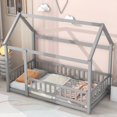 thumbnail image 4 of Twin Floor Bed for Kids, Wooden House Bed Frame with Roof, Fence Guardrails, Montessori Bed for Toddlers Girls Boys, Gray, 4 of 7
