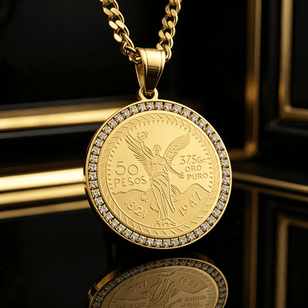 Round Mexican Centenario 50 Pesos Coin Medallion Pendant Necklace For Men Women, 14K Gold Filled Iconic Patriotic Memento Jewelry