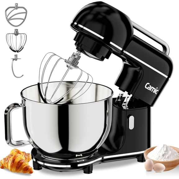 7.45 QT Electric Stand Mixer, 10 Speeds w/Dough Hook, Whisk, Flat Beater, Splash Guard, Easy-Carry Handle, 3-in-1 Kitchen Mixer for Baking Cakes, Cookies, Bread, Salad (Black)