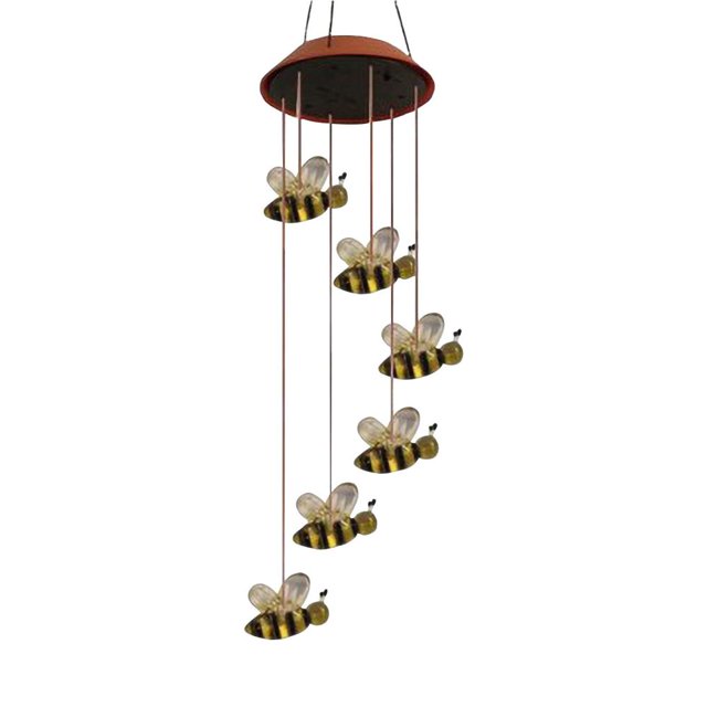 Feltree 25" Solar Bee Wind Chime with Color-Changing LEDs, Shatterproof Glass Outdoor Hanging Decor for Garden/Patio