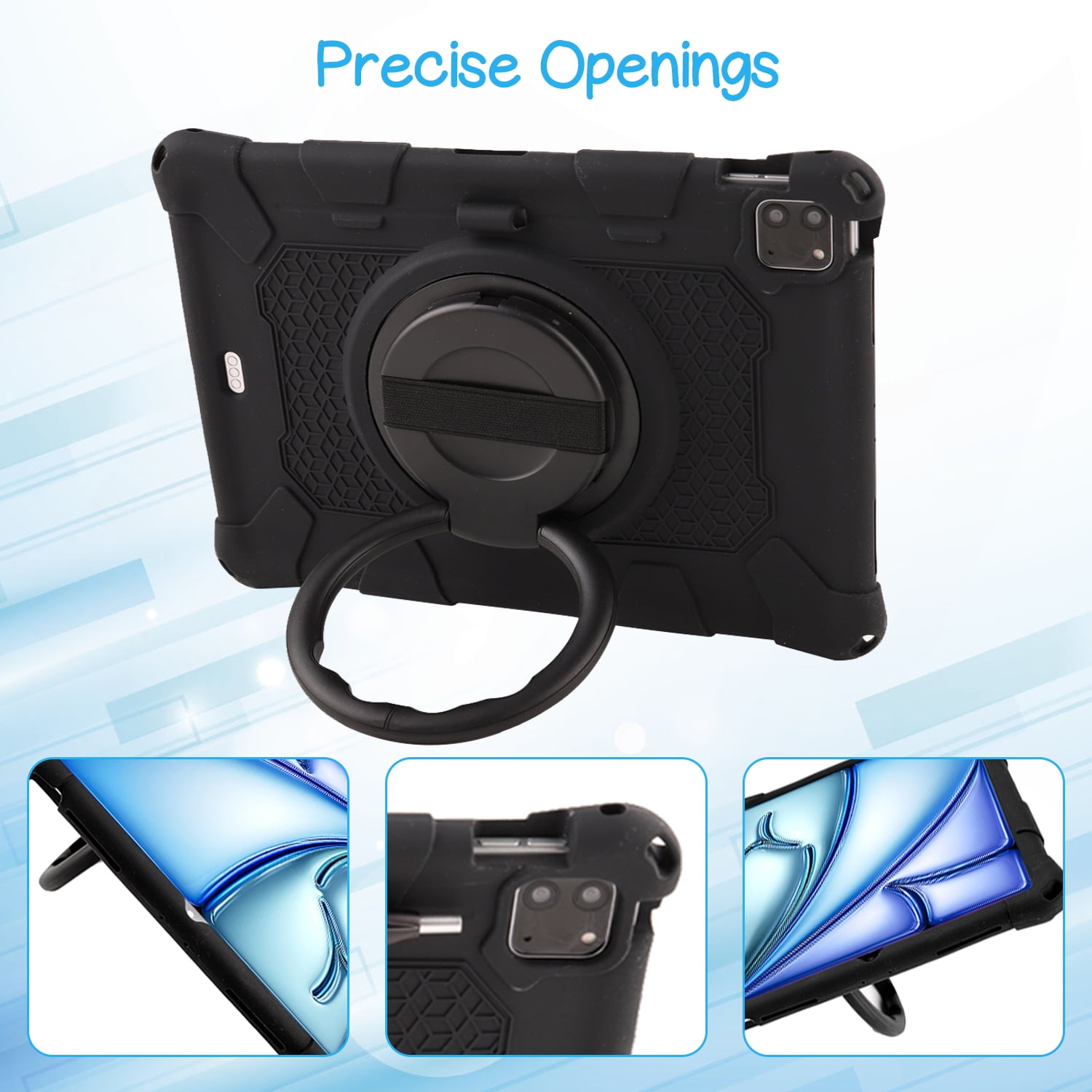 Case for Apple iPad Pro 11 5th 4th 3rd 2nd 1st Gen/ iPad Air 11 2024 M2/Air 4 5, Soft Silicone Drop Protection Rotating Kickstand with Shoulder Strap Pencil Holder Kids Friendly Lightweight, Black