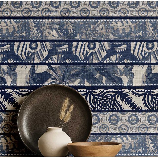 S4Sassy Papier Peint Décoratif Bohème Autocollant, Papier Peint Rayé à Blocs Manuels, Papier Vinyle Texturé Imperméable, Bleu, Couverture Murale Amovible Compatible avec le Locataire pour Chambre, Salle à Manger