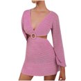 thumbnail image 1 of Vestido de color sólido de manga larga con cuello en V de suéter de punto de playa con falda sexy para mujer Pompotops  qwe12411, 1 of 5