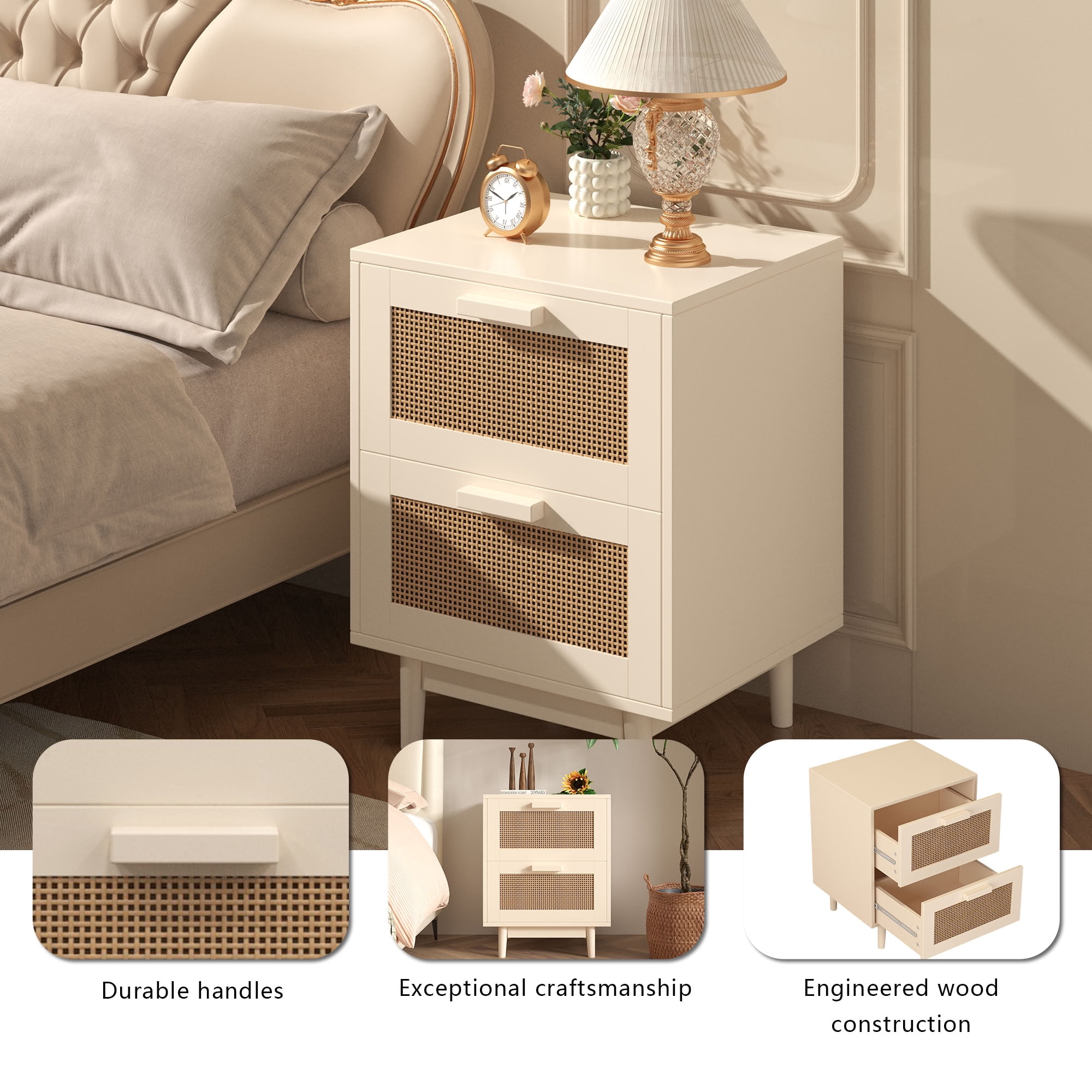 MAYEERTY 2 Drawer Faux Rattan Nightstand, Modern Boho Bedside End Table with Storage, for Bedroom Living Room Apartment Small Spaces