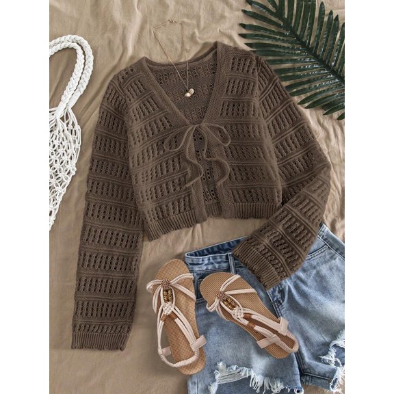 Women's Knit Cardigan Open Front Tie Front Long Sleeve Cropped Loose Fit Ribbed Cuffs Hem Top for Spring Summer Fall Layering Boho Vacation Daily Outfits