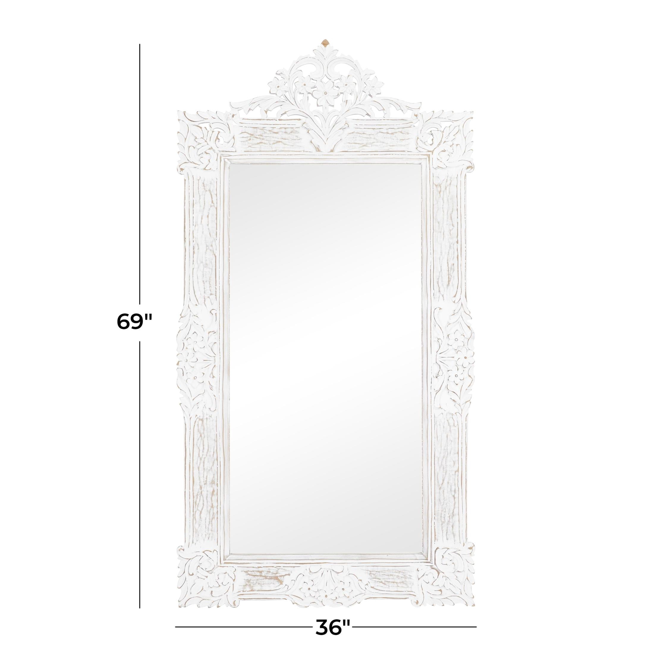 DecMode 36" x 69" White Intricately Carved Acanthus Floral Wall Mirror