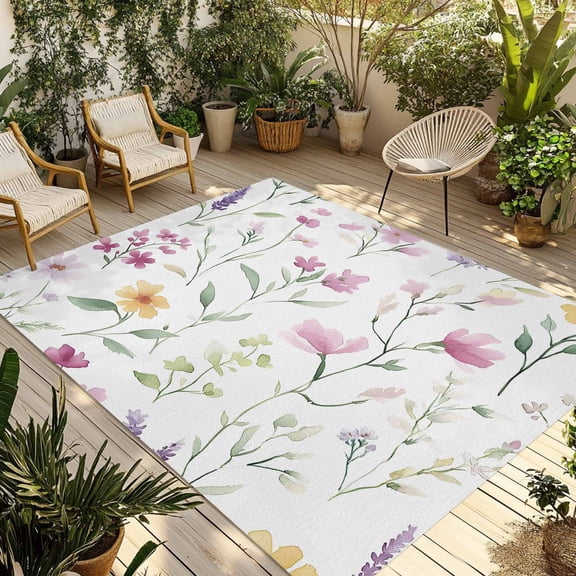 Spring Floral Outdoor Rug 3x5 Ft - Reversible Patio Rug Outdoor Camping Rugs, Summer Farmhouse Botanical Blossom Washable Indoor Outdoor Area Rugs, Non-Slip Outdoor Carpet Runner for Deck/Porch