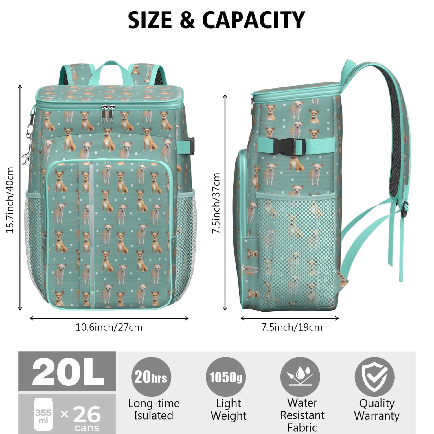 Travel Cooler Bag - Chihuahua and Footprints Camping Beer Cooler Backpack with Bottle Opener- Waterproof Insulated Picnic Backpacks - Cooler Bag for Beach