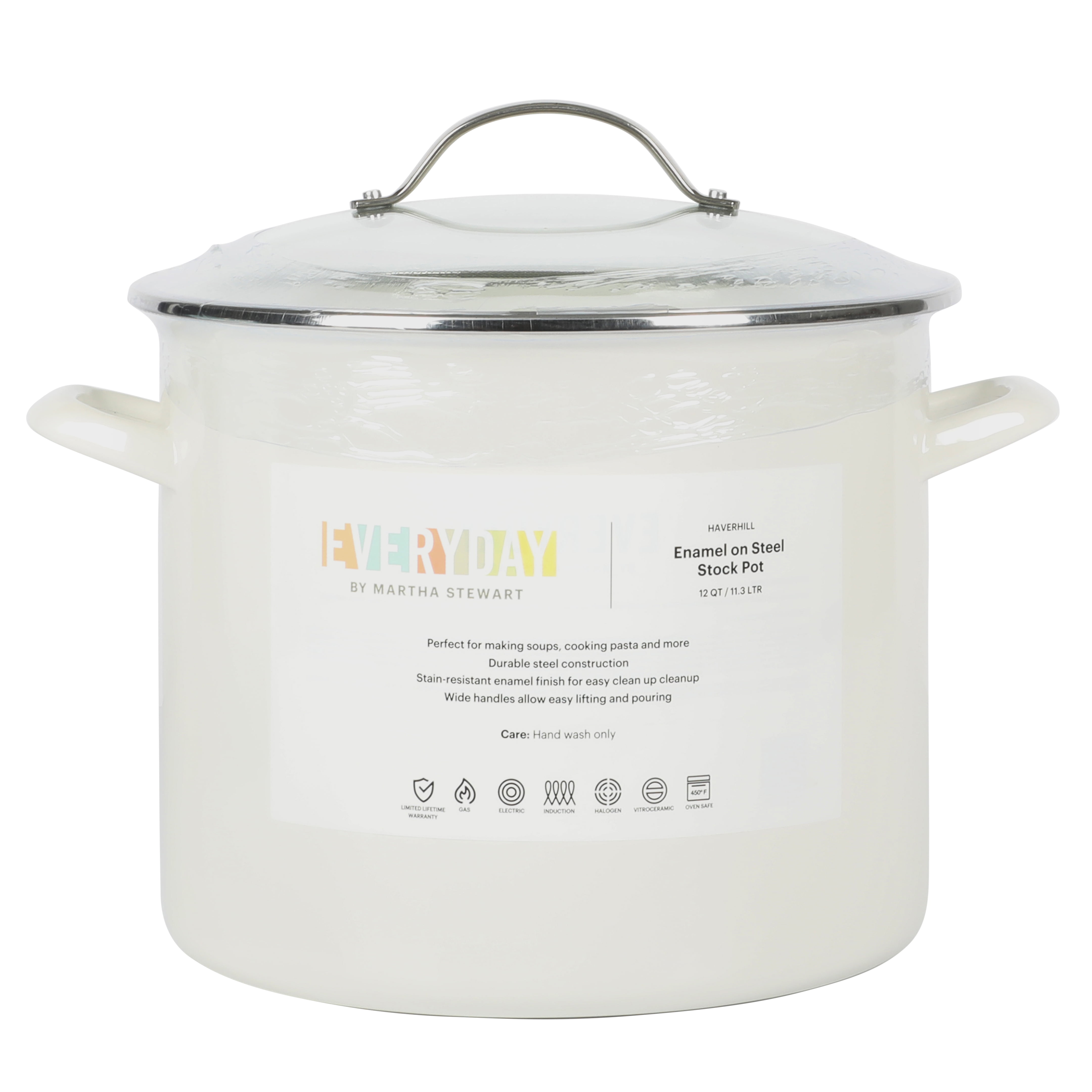 Martha Stewart Haverhill 12-Quart Enamel Stock Pot Oven Safe with Glass Lid, Linen