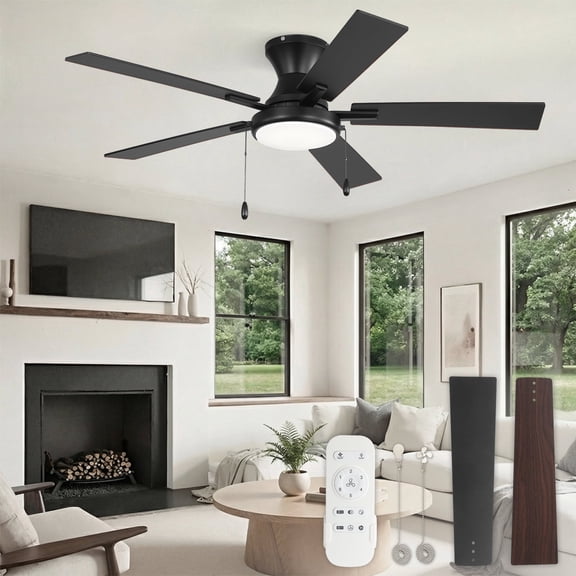 Lokivas 52in Modern Ceiling Fan with Light and Remote Control & Dual Pull-Chain, Ceiling Fan for Bedroom Living Room Indoor, 6 Speed, Black