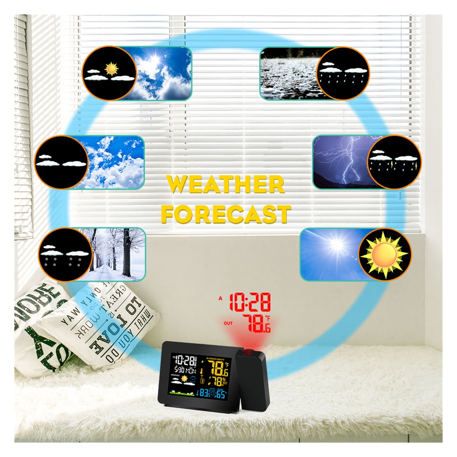 2 Outdoor Sensors Projection Alarm Clock Weather Station Colorful Backlight With Humidity indoor Temperature Time Projector ,Easy to Operate