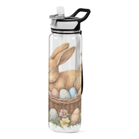 Yellow Rabbit in Easter Basket Eggs Transparent Sports Water Bottle with Straw BPA Free Tritan 32oz for Gym Camping