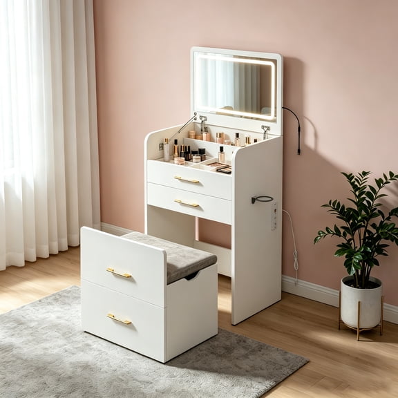 3-in-1 Vanity Desk with LED Lighted Mirror and Power Outlet, 23.6" Flip-Up Makeup Vanity with Charging Station, 3 Drawers, Glass Top and Padded Stool, White