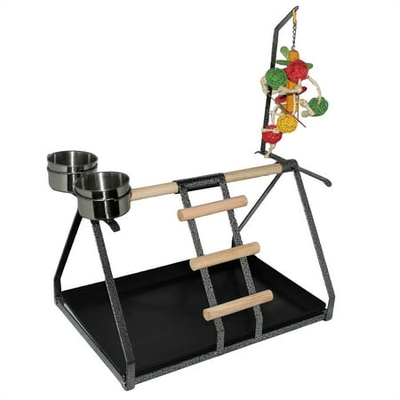 Play Perch - Parrot Bird Perch Table Top Stand Metal Wood 2 Steel Cups Play Medium Large Breeds