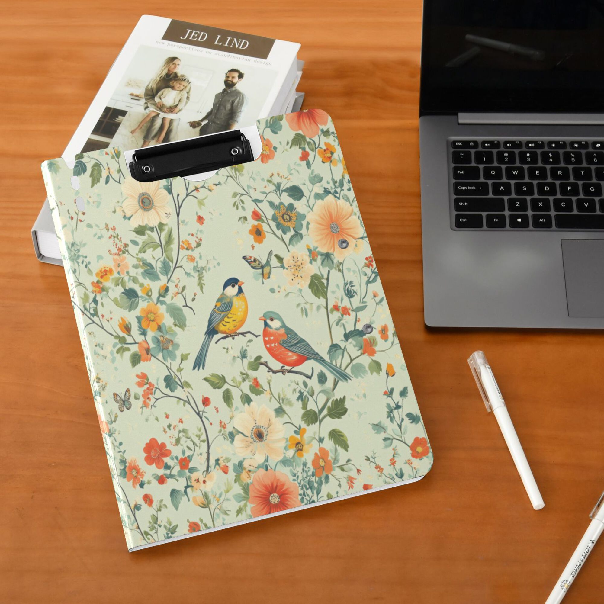 FORMRS A4 Clipboard Folder with Pen Holder Horizontal Foldable School Office Binder, Green Floral Pattern