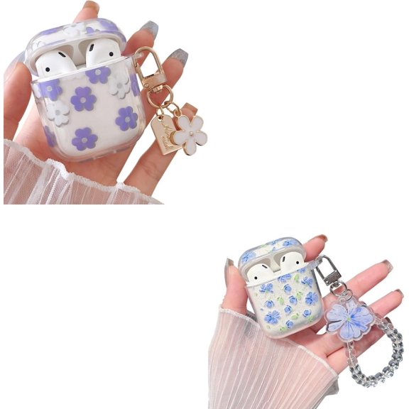 Compatible with Airpods 1&2 Clear Case with Floral Keychain,Fashionable Flower Pattern Design,Soft Silicone Smooth Shockproof Charging Case for AirPod 1&2 for Girls Women-Purple-Blue