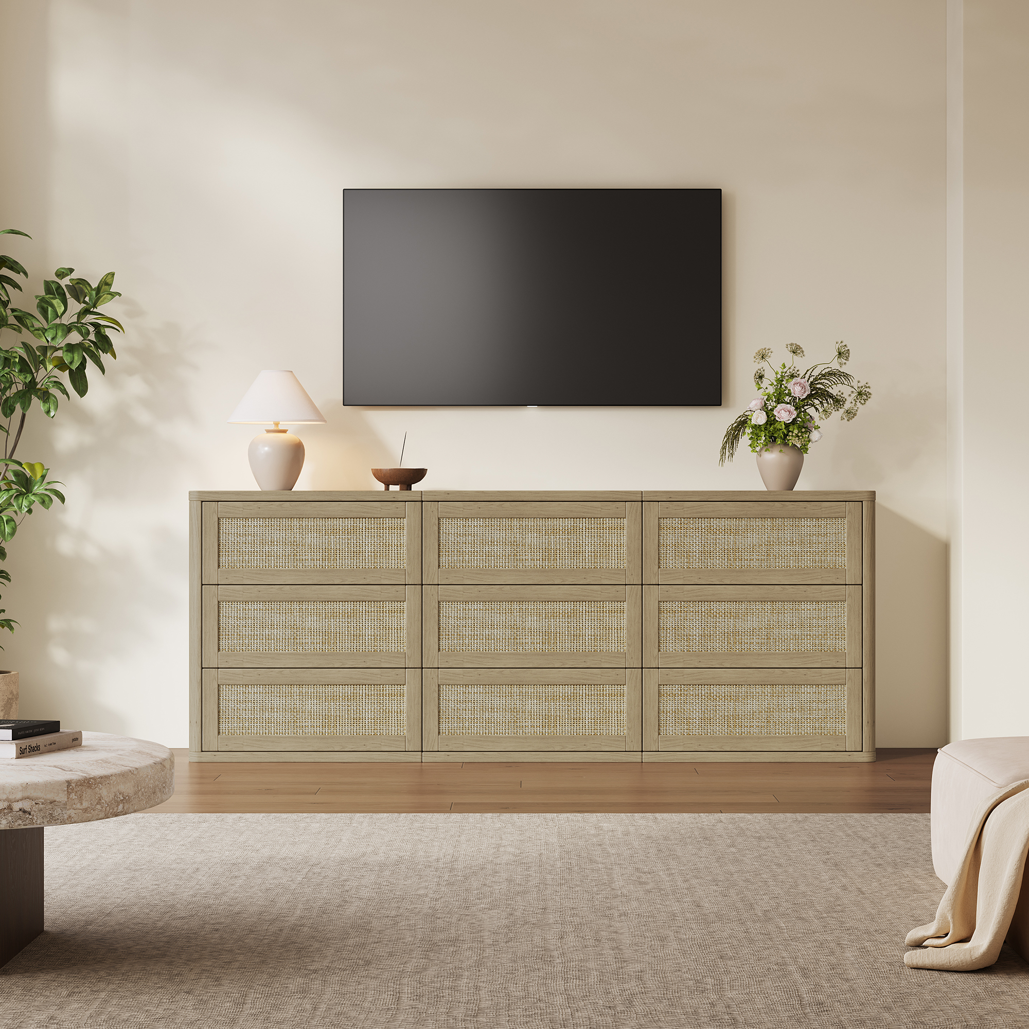 SICOTAS 103.4" Wide 12 Drawer Modular Rattan Dresser,Extra Long Dresser with Rattan Chric & Pop-up Drawers for Bedroom Living Room, Amber Oak