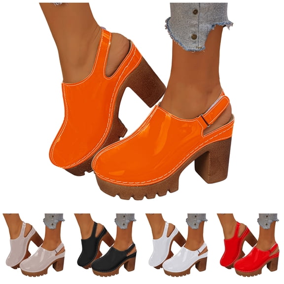 Pandaie Womens Platform Clogs Chunky High Heeled Mules Sandals Round Toe Slip on Slides Wide Width Comfortable Casual Pumps Shoes Orange Size 6