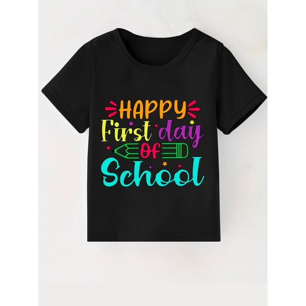 Happy First Day of School" Pencil Print Youngsters' T-Shirt - Soft Cotton Blend, Crew Neck, Short Sleeve - Perfect for Boys & Girls, Spring to Fall