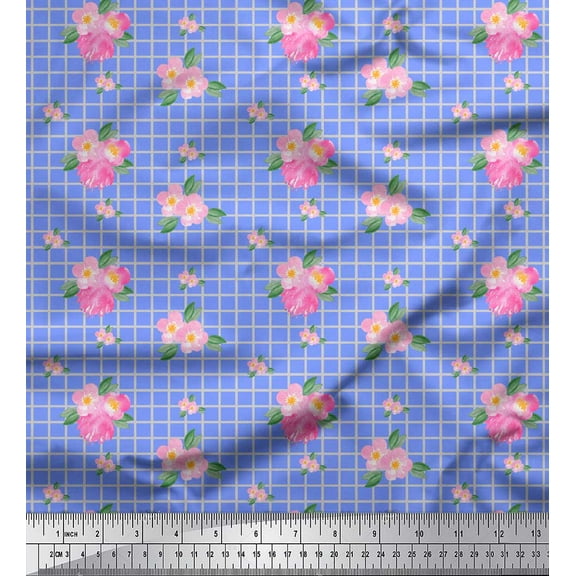 Soimoi Blue Cotton Duck Fabric Pink Flower & Check Printed Craft Fabric by The Yard 42 Inch Wide