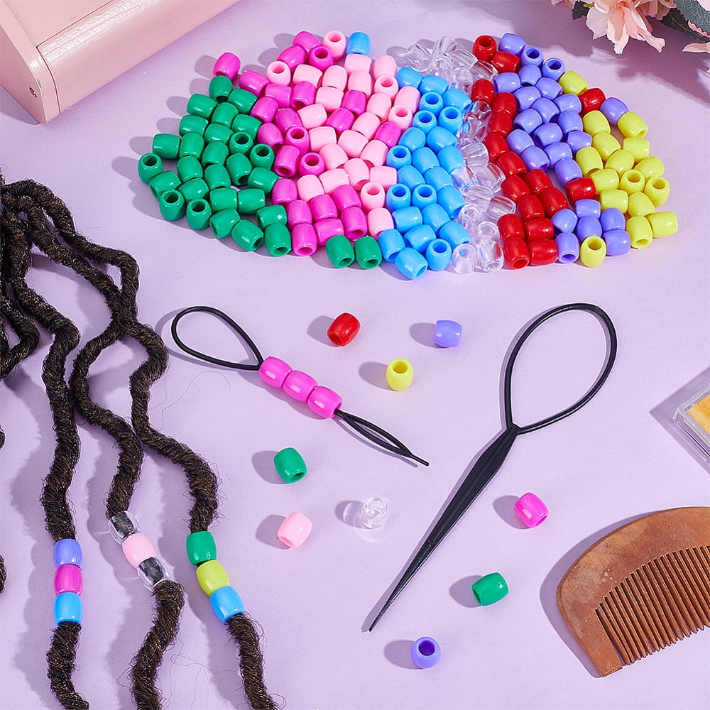 560Pcs 8 Colors Plastic Beads Large Hole Beads Barrel with 1Set Plastic Hair Braiding Tool Mixed Color 12x11.5mm Hole: 6mm