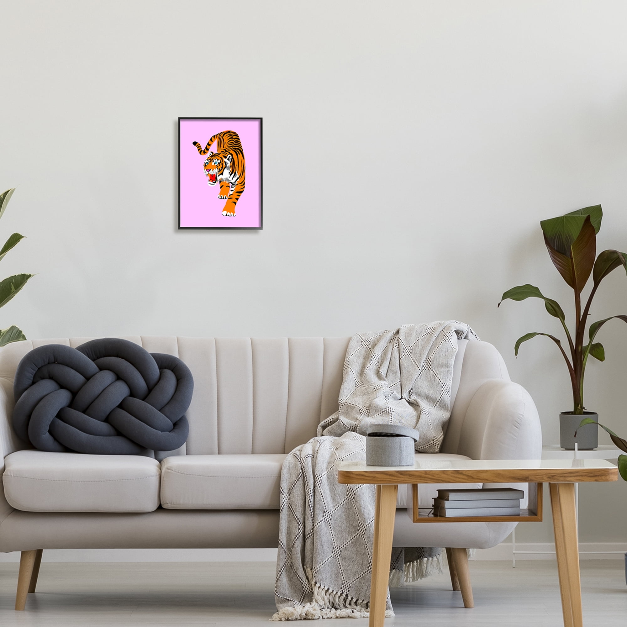 Stupell Industries Roaring Tiger on Pink Animals & Insects Painting Black Framed Art Print Wall Art, 11 x 14