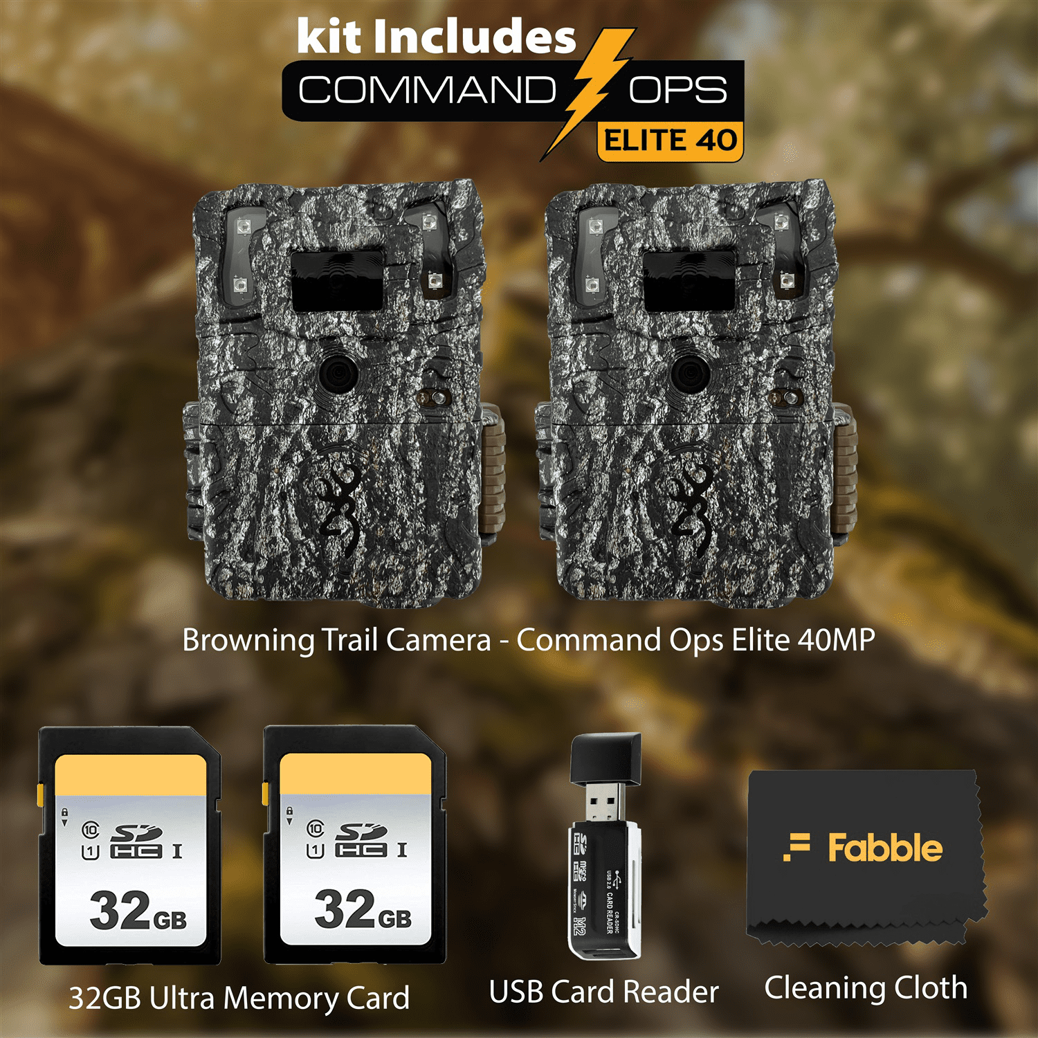 Browning Command Ops Elite 40MP Trail Camera 2-Pack Bundle with 2× 32 GB SD Memory Cards, Hi-Speed USB SD Card Reader & Black Microfiber Lens Cleaning Cloth