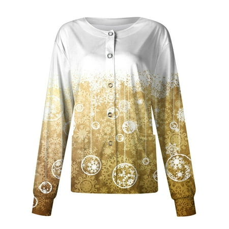 

PURJKPU Women Scrub Jacket Christmas Snowflake Pattern Nurse Scrub Top Long Sleeve Single-Breasted Tops O Neck Woprking Uniforms with Pockets Gold 2XL