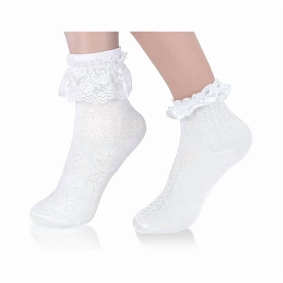 Eryueer 2 Pairs White Ruffle Socks for Women Turn-Cuff Lace Frilly Ankle Sock Comfortable Cotton Princess Socks