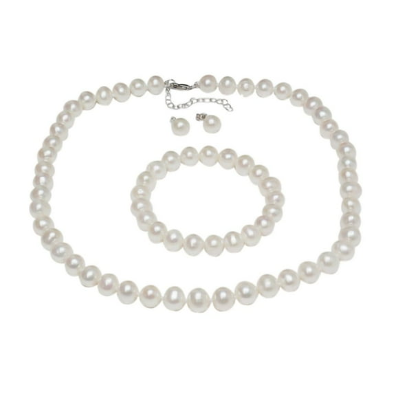 Gem Stone King 925 Sterling Silver Cultured Freshwater White Pearl Necklace Earrings Bracelet Set