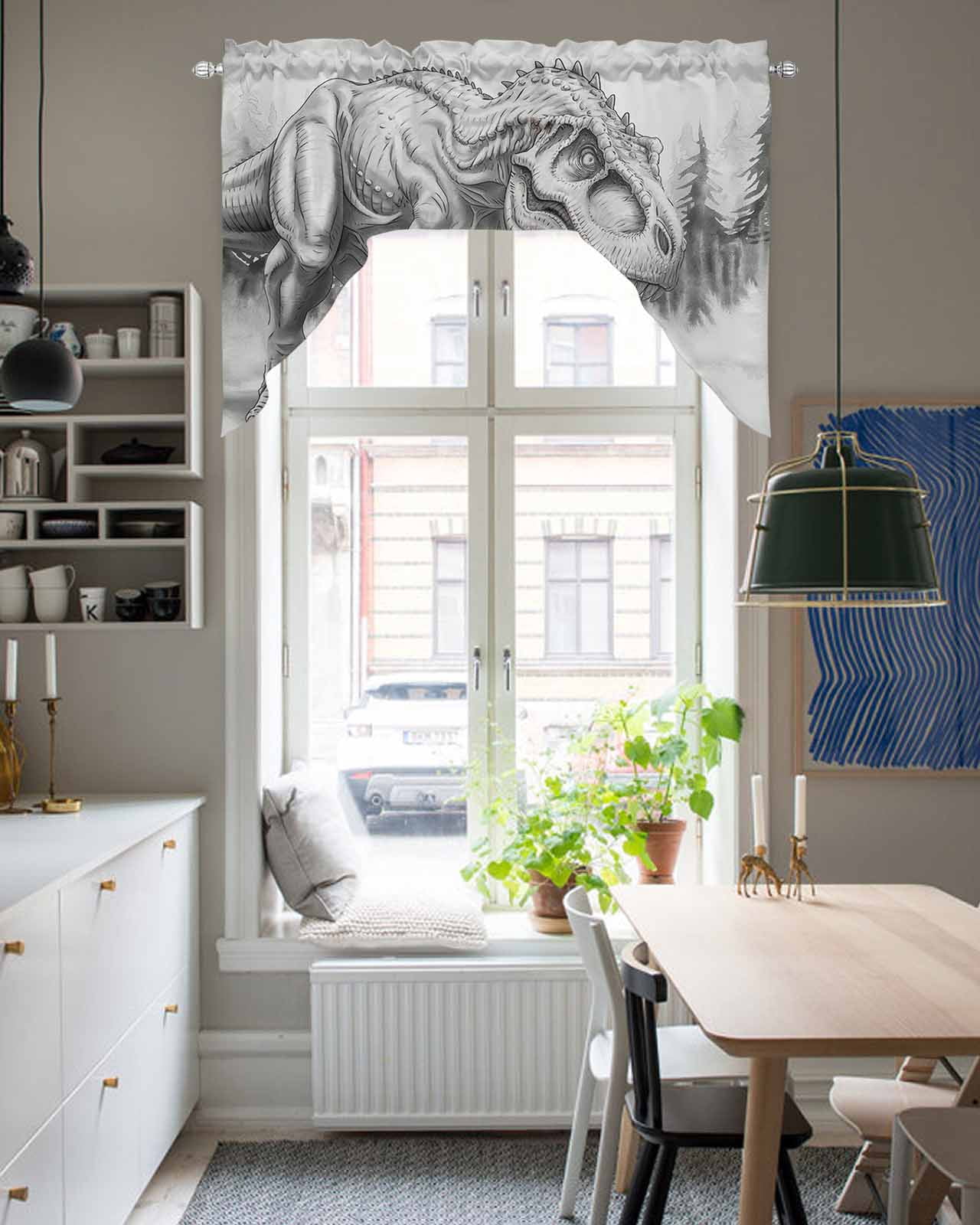 Dinosaurs Boy Swag Curtains for Kitchen Gray Funny Cartoon Forest Animals Valances for Windows Rod Pocket Small Window Treatment Short Topper for Cafe Bedroom Bathroom Living Room Decor 56x36 Inch