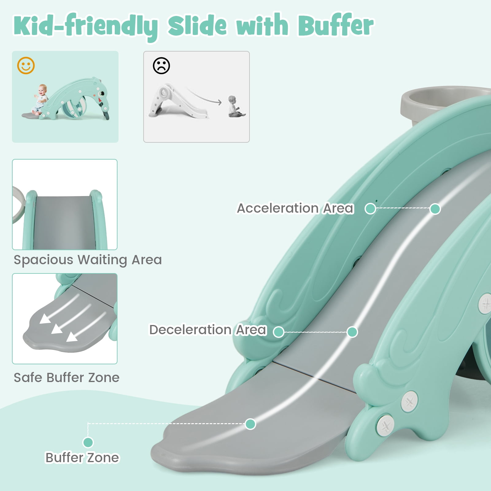 Infans 3-in-1 Kids Slide Rocking Horse Set Convertible Toddler Slide w/ Basketball Hoop