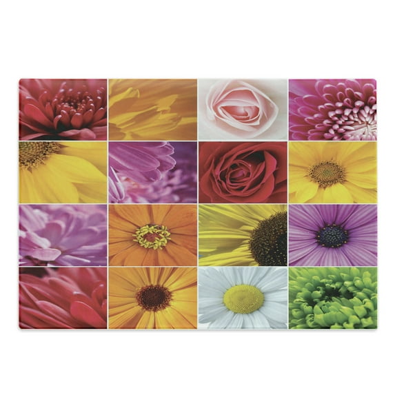 Flower Cutting Board, Chrysanthemum Rose Sunflower Violet Colorful Flowers Romance Bridal Plants, Decorative Tempered Glass Cutting and Serving Board, Large Size, Orange Yellow Pink, by Ambesonne