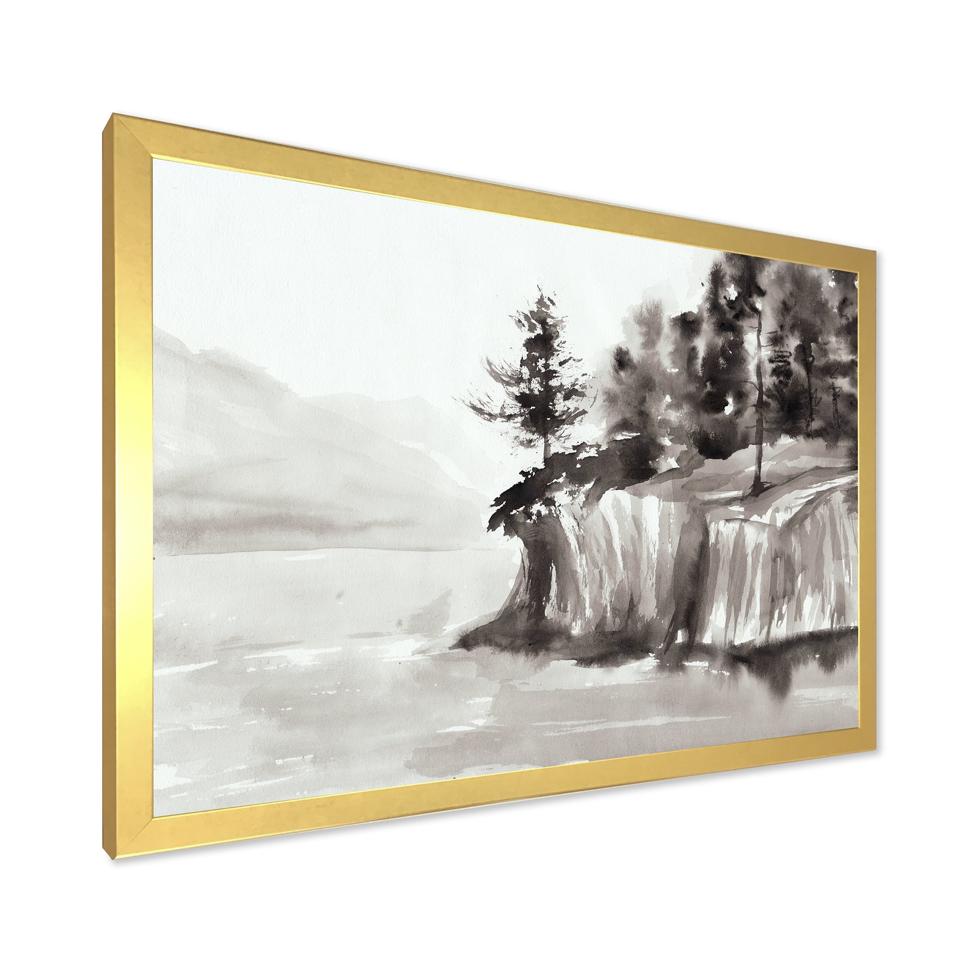 Designart 'Black & White Cliffs By The Lake' Nautical & Coastal Framed Art Print