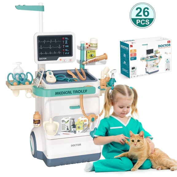 PayUSD Doctor Kit for Kids Doctor Set Pretend Play Medical Kit Station Set for Girls Boys Dr. Playset Role Play Mobile Cart Trolley for Toddler Toys Christmas Gift, 26 PCS
