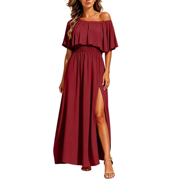 Ovbmpzd Summer Maxi Wedding Guest Dresses for Women One Shoulder Pleated Beach formal Dresses Slit Side Ruffled Wine Party Dresses,L