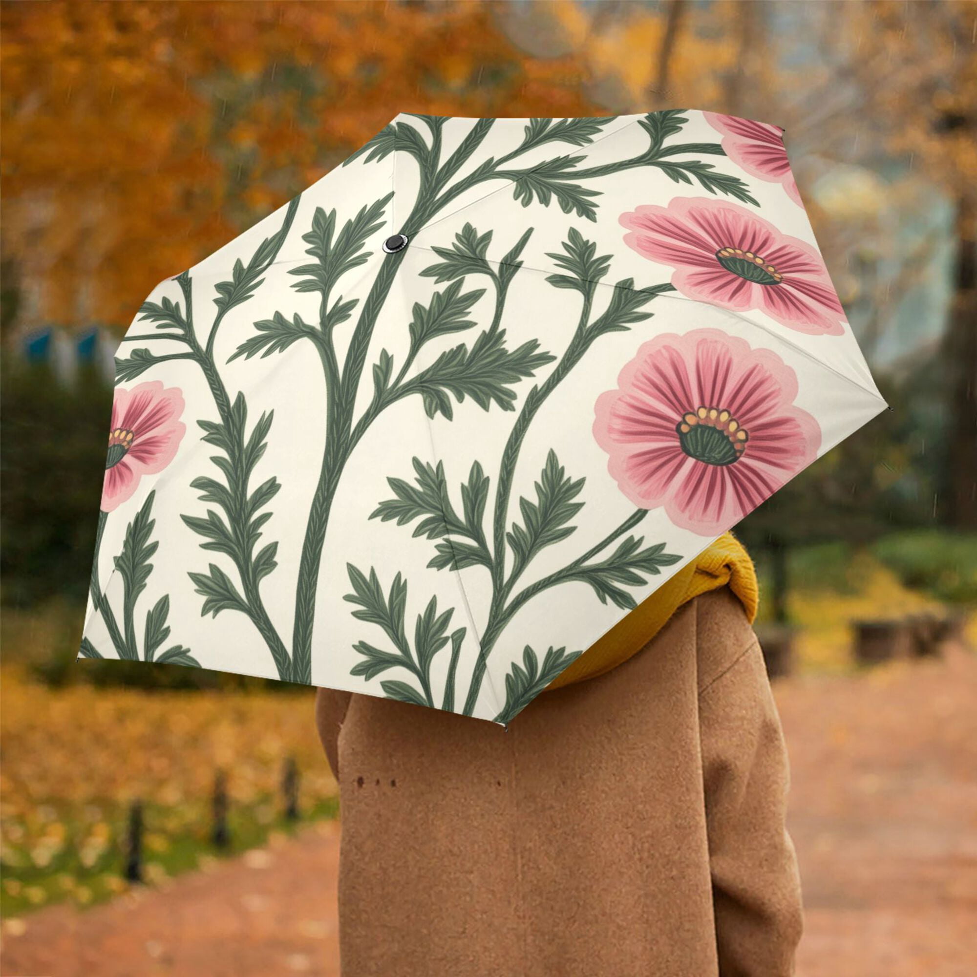 FORMRS Travel Umbrella Folding Auto Open Close Windproof Rain UV Protection, Light Pink Flowers