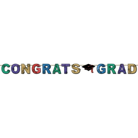 Beistle Colorful Congrats Grad Cap Decoration Glitter Streamer 10' Graduation Banner